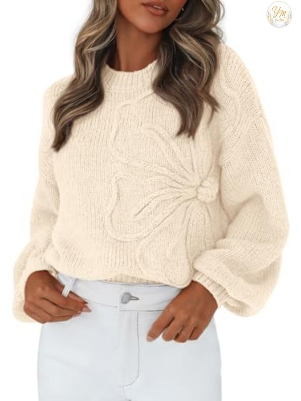 Oversized 3D Floral Knit Crew Neck Pullover Sweater Lantern Sleeve